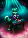  2017 anthro background_character bottomwear canid chest_tuft closed_smile clothed clothing crowd dated disc_jockey fluffy fluffy_tail fur green_body green_fur green_hair group hair male mammal mouth_closed mylafox pants pink_eyes pupils purple_clothing purple_pupils purple_topwear signature silhouette solo_focus stage standing text topwear tuft turntable_(decks) url white_body white_fur 