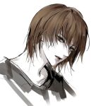  1boy bangs black_shirt brown_eyes brown_hair death_note evl_1230 expressionless korean_commentary looking_at_viewer male_focus parted_lips portrait shirt short_hair sideways_glance solo white_background yagami_light 
