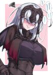  1girl :t absurdres ahoge annoyed armor armored_dress bangs blush breasts chain closed_mouth fate/apocrypha fate/grand_order fate_(series) fur_trim grey_hair headpiece highres ishibori_eregomos jeanne_d&#039;arc_alter_(avenger)_(fate) jeanne_d&#039;arc_alter_(fate) large_breasts pout short_hair solo tsurime v-shaped_eyebrows yellow_eyes 