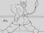  anthro artietheartbull balls big_muscles bovid bovine butt cattle clothed clothing digital_media_(artwork) fur genitals looking_at_viewer male mammal muscular muscular_anthro muscular_male nude open_mouth pecs simple_background solo 