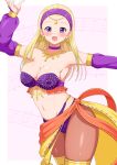  1girl absurdres aikome_(haikome) armlet armpits blonde_hair bra breasts choker cleavage commentary dancer detached_sleeves dragon_quest dragon_quest_xi earrings forehead_jewel hairband highres jewelry large_breasts long_hair looking_at_viewer navel no_bangs open_mouth orange_sarong pantyhose purple_bra purple_choker purple_eyes purple_hairband purple_sleeves sarong senya_(dq11) smile solo strapless strapless_bra thighlet underwear 