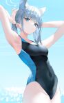  1girl adjusting_hair animal_ears armpits arms_up bangs blue_archive blue_background blue_eyes blue_hair blurry blurry_background breasts cat_ears commentary competition_swimsuit cowboy_shot extra_ears highres ichibi looking_at_viewer medium_hair mismatched_pupils navel one-piece_swimsuit shiroko_(blue_archive) shiroko_(swimsuit)_(blue_archive) skin_tight skindentation small_breasts solo swimsuit thighs white_hair 