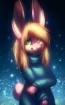  2016 anthro blonde_hair blue_clothing blue_topwear cheek_tuft clothed clothing dated facial_tuft female fur glistening glistening_eyes green_eyes hair half-length_portrait hi_res lagomorph leporid looking_aside looking_up mammal mylafox pink_body pink_fur pink_nose pink_tail portrait rabbit signature simple_background smile solo standing teeth text three-quarter_view topwear tuft url white_body white_fur 