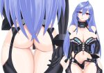  1girl :d arm_behind_back armpit_crease ass bare_shoulders black_gloves black_leotard blue_hair blush breasts cleavage close-up clothing_aside cowboy_shot elbow_gloves gloves groin hair_between_eyes head_tilt highres hip_focus iris_heart kami_jigen_game_neptune_v large_breasts leotard leotard_aside long_hair mature_female midriff multiple_views navel neptune_(series) parted_lips partially_visible_vulva pink_eyes polyester_(esteru-2383) power_symbol pulled_by_self revealing_clothes shiny shiny_skin simple_background skindentation smile symbol-shaped_pupils teasing thigh_gap thighs very_long_hair white_background wide_hips 