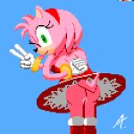  1:1 amy_rose anthro bottomless bottomless_female clothed clothing digital_media_(artwork) dress eulipotyphlan female fur genitals gesture green_eyes hand_behind_back hedgehog low-angle_view mammal pink_body pink_fur pixel_(artwork) pussy red_clothing red_dress sega shaded signature solo sonic_the_hedgehog_(series) tongue tongue_out unknown_artist unknown_artist_signature upskirt v_sign 