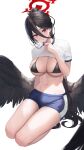  1girl abab_xiaxia black_bra black_hair black_wings blue_archive bra breasts cleavage clothes_lift feathered_wings gym_uniform hair_between_eyes halo hasumi_(blue_archive) hasumi_(gym_uniform)_(blue_archive) highres large_breasts long_hair looking_at_viewer mole mole_under_eye navel official_alternate_costume ponytail red_eyes seiza shirt_lift simple_background sitting solo steam stomach underwear very_long_hair white_background wings 