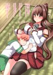  1boy 1girl admiral_(kancolle) armband black_thighhighs breasts brown_eyes brown_hair cellphone cherry_blossoms flower green_sailor_collar hair_flower hair_intakes hair_ornament highres hip_vent holding holding_phone hug kantai_collection large_breasts little_boy_admiral_(kancolle) long_hair lying miniskirt mochisaka_mitsuki on_back on_side phone pink_hair pleated_skirt ponytail red_skirt sailor_collar short_hair sidelocks single_thighhigh skirt smartphone smile thighhighs translation_request very_long_hair yamato_(kancolle) z_flag 