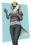  absurd_res among_us anthro asexual_pride_colors avian backpack bird bottomwear clothing cute_expression denim denim_clothing female fish_birb hi_res hummingbird innersloth jeans lgbt_pride pants pride_colors sarah_(fish_birb) shirt simple_background topwear video_games 