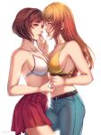  2girls absurdres asymmetrical_docking bangs bare_shoulders belt bra breast_press breasts brown_belt brown_eyes brown_hair cleavage crop_top denim hand_on_another&#039;s_cheek hand_on_another&#039;s_face harasaki_nozomi highres holding_hands imminent_kiss jeans joy_(shenmue) lace_trim leg_between_thighs leofoxart lipstick long_hair looking_at_another looking_at_viewer looking_to_the_side makeup medium_breasts medium_hair midriff multiple_girls navel orange_hair pants parted_lips pleated_skirt red_skirt shenmue shenmue_the_animation sidelocks signature skirt swept_bangs underwear white_background white_bra yuri 