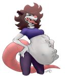  anthro belly big_belly bottomwear breasts brown_hair clothing crop_top didelphid durg_(artist) female female_pred foot_imprint hair hand_imprint hand_on_stomach hi_res imprint mammal marsupial medium_breasts midriff navel oral_vore pants poss_(verybatty) sharp_teeth shirt struggling swallowing teeth thick_tail topwear vore 