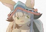 1other absurdres animal_ears brown_fur cindy717 ears_through_headwear green_eyes highres looking_at_viewer made_in_abyss nanachi_(made_in_abyss) open_mouth simple_background solo tagme upper_body whiskers white_background white_hair 