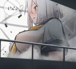  1girl absurdres blue_eyes blush breasts destruction embarrassed from_side giant giantess grey_hair hair_over_one_eye hamakaze_(kancolle) highres indoors kantai_collection medium_breasts open_mouth railing school_uniform serafuku short_sleeves sigure-zzzz solo upper_body 