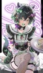  1boy 2022 :3 absurdres animal_ears black_hair bow cat_boy cat_ears commission crossdressing detached_sleeves fishnet_thighhighs fishnets food green_eyes hair_bow hair_ornament heart highres kitou_saji looking_at_viewer maid maid_headdress open_mouth original otoko_no_ko sandwich short_hair sitting skeb_commission sleeves_past_wrists smile solo thigh_strap thighhighs tray 