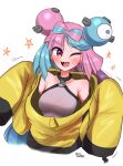  1girl aqua_hair breasts highres iono_(pokemon) jacket long_sleeves multicolored_hair one_eye_closed open_mouth oversized_clothes pink_eyes pink_hair pokemon pokemon_(game) pokemon_sv sharp_teeth signature simple_background solo star_(symbol) teeth two-tone_hair upper_body v-shaped_eyebrows wakaba_(wata_ridley) white_background yellow_jacket 