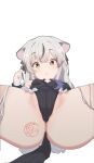  1girl absurdres animal_ear_fluff animal_ears ass black_dress blue_archive blush breasts brown_eyes dot_nose dress grey_hair groin highres holding holding_stylus kokona_(blue_archive) long_hair long_sleeves looking_at_viewer looking_down multicolored_hair no_panties pelvic_curtain s10021 small_breasts solo spread_legs stamp_mark streaked_hair striped striped_dress stylus sweatdrop tiger_ears tiger_girl uncensored very_long_hair white_background wide_spread_legs 