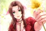  1girl aerith_gainsborough bangs blurry blurry_foreground braid braided_ponytail breasts brown_hair choker collarbone dress final_fantasy final_fantasy_vii final_fantasy_vii_remake floral_background flower flower_choker green_eyes hair_ribbon holding holding_flower jacket lily_(flower) long_hair looking_at_viewer medium_breasts parted_bangs parted_lips pink_dress pink_ribbon reaching_out red_jacket ribbon short_sleeves sidelocks smile solo twilightend upper_body wavy_hair yellow_background yellow_flower 