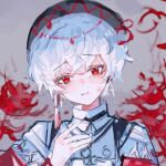  1boy albino black_hair child closed_mouth cross cross_earrings earrings flower frown hat highres jewelry kay1205177934 long_sleeves looking_at_viewer male_child male_focus original red_eyes red_flower sailor_hat shirt short_hair solo spider_lily white_hair white_shirt 