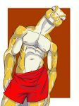  abs anthro bottomwear clothing furryscorpion90 hi_res looking_at_viewer male muscular muscular_male nipples pupils red_eyes reptile scales scalie shorts slit_pupils snake solo solo_focus standing yellow_body yellow_scales 