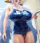  1girl alternate_breast_size bare_shoulders blue_one-piece_swimsuit breasts covered_navel eu03 granblue_fantasy groin head_out_of_frame huge_breasts long_hair low_twintails name_tag old_school_swimsuit one-piece_swimsuit open_mouth pool_ladder satyr_(granblue_fantasy) school_swimsuit skindentation smile solo swimsuit teeth thick_thighs thighs tongue twintails upper_teeth very_long_hair wet wet_clothes wet_swimsuit 