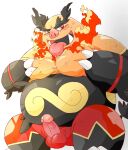  2022 anthro balls belly big_belly black_body blush emboar erection generation_5_pokemon genitals ginsingoo1 kemono male moobs nintendo orange_body overweight overweight_male penis pokemon pokemon_(species) red_body solo tongue tongue_out video_games 