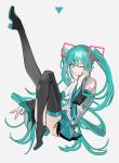  1girl 2021 absurdres bangs bare_shoulders black_thighhighs blue_eyes blue_hair boots closed_mouth detached_sleeves hair_between_eyes hand_on_own_cheek hand_on_own_face hatsune_miku high_heels highres kitou_saji knee_up leg_up legs long_hair long_legs looking_at_viewer number_tattoo one_eye_closed skirt smile tattoo thigh_boots thighhighs twintails v vocaloid white_background 