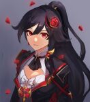  1girl bangs black_hair black_jacket center_frills cleavage_cutout clothing_cutout commentary_request flower frills fu_hua fu_hua_(shadow_knight) grey_background hair_between_eyes hair_flower hair_ornament highres honkai_(series) honkai_impact_3rd jacket long_hair looking_at_viewer mmhy_hk parted_lips petals ponytail red_eyes red_flower red_rose rose shirt simple_background smile solo twitter_username upper_body very_long_hair white_shirt 