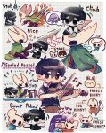  1girl 2boys ^_^ ^o^ aubrey_(omori) black_hair blush bow bow_(music) bright_pupils chibi closed_eyes english_text forest_bunny_(omori) hair_bow holding holding_instrument holding_knife hollow_knight hollow_knight_(character) hornet_(hollow_knight) hug instrument keyboard_(instrument) knife knight_(hollow_knight) light_bulb long_hair multiple_boys music omori omori_(omori) open_mouth pink_bow playing_instrument pluto_(omori) purple_hair short_hair smile suicide sunny_(omori) thought_bubble thumbs_up violin wakame_(vhai26uhykmqb9k) white_pupils 