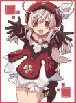  1girl 2021 absurdres bangs brown_gloves dress feathers female_child genshin_impact gloves hat highres jumping klee_(genshin_impact) looking_at_viewer midair open_mouth pointy_ears reaching_out red_eyes smile solo teeth upper_teeth white_hair yayoripain 