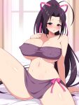  1girl absurdres aikome_(haikome) black_hair breasts highres long_hair looking_at_viewer navel open_mouth original ponytail purple_eyes solo thighhighs 