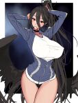  1girl adjusting_hair arms_up bangs black_choker black_hair black_panties black_wings blue_archive blush breasts choker feathered_wings gym_uniform hair_between_eyes hair_tie hair_tie_in_mouth hasumi_(blue_archive) hasumi_(gym_uniform)_(blue_archive) highres huge_breasts jacket long_hair long_sleeves looking_at_viewer low_wings mouth_hold nipples panties ponytail punc_p purple_eyes see-through see-through_shirt shirt simple_background solo underwear very_long_hair white_shirt wings 