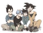  4boys ayata_1010 black_eyes black_footwear black_hair black_shirt blue_hair boots chinese_clothes crossed_arms dougi dragon_ball dragon_ball_super dragon_ball_super_super_hero father_and_son hand_in_another&#039;s_hair highres looking_at_another male_focus multiple_boys open_mouth saiyan shirt short_hair simple_background sitting smile son_goku son_goten spiked_hair trunks_(dragon_ball) vegeta white_background 