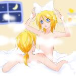  1boy 1girl bath blonde_hair blue_eyes blurry blurry_background bubble chestnut_mouth convenient_censoring crescent_moon hair_ribbon hands_up kagamine_len kagamine_rin leaning_back looking_at_another moon night nude ribbon rubber_duck rurineiro shared_bathing shelf short_hair short_ponytail steam steam_censor v-shaped_eyebrows vocaloid window 