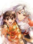  1boy 1girl bangs blush brown_eyes brown_hair carrying carrying_person checkered_clothes checkered_kimono demon_boy facial_mark fingernails food forehead_mark fruit grey_hair hair_between_eyes holding holding_food holding_fruit inuyasha japanese_clothes kimono long_fingernails long_hair looking_at_viewer open_mouth orange_kimono parted_bangs persimmon pointy_ears reaching_out rin_(inuyasha) sesshoumaru shinomono921 shoulder_spikes side_ponytail smile spikes teeth upper_teeth white_background white_fur yellow_eyes 