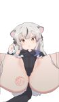  1girl animal_ear_fluff animal_ears ass black_dress blue_archive blush breasts brown_eyes dot_nose dress grey_hair groin highres holding holding_stylus kokona_(blue_archive) long_hair long_sleeves looking_at_viewer looking_down multicolored_hair no_panties pelvic_curtain s10021 small_breasts solo spread_legs stamp_mark streaked_hair striped striped_dress stylus sweatdrop tiger_ears tiger_girl uncensored very_long_hair white_background wide_spread_legs 