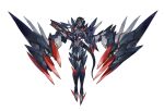  1girl absurdres au_ra avatar_(ff14) black_hair blue_skin boots breasts claws cleavage colored_skin final_fantasy final_fantasy_xiv gun highres long_hair long_legs looking_at_viewer mecha_musume mechanical_tail mechanical_wings navel red_eyes souto_(0401) tail thigh_boots weapon wings 