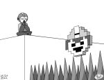  1boy 1up dated drfresh113 gloves helmet indian_style lowered_eyelids mega_man_(character) mega_man_(series) monochrome own_hands_together sitting solo spikes staring thinking watermark 