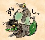  anthro big_shot_(splatoon) carrying duo fish flat_top green_hair grey_body hair male marine nintendo overweight piggyback red_eyes salmonid_(splatoon) splatoon steelhead struggling v_ig_v video_games yellow_sclera 