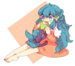  1girl bare_legs barefoot blue_eyes blue_hair coat cup dawn_(pokemon) full_body hair_ornament hands_up holding holding_cup katiko long_hair long_sleeves mug no_nose open_mouth pink_coat pokemon pokemon_(creature) pokemon_(game) pokemon_dppt pokemon_platinum riolu scarf sitting toes white_scarf 