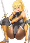  1girl absurdres bangs blonde_hair blue_eyes blush bodysuit braid breasts cosplay covered_nipples crown_braid darkness_(konosuba) hair_ornament highres igawa_sakura igawa_sakura_(cosplay) impossible_bodysuit impossible_clothes impossible_leotard kono_subarashii_sekai_ni_shukufuku_wo! large_breasts leotard long_hair open_mouth ponytail puffy_nipples skin_tight solo squatting sword taimanin_(series) taimanin_suit very_long_hair weapon x_hair_ornament 