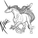  2022 alisian ambiguous_gender black_and_white calima equid equine facial_markings feral hair head_markings hooves horn looking_away mammal mane markings monochrome raised_leg raised_tail signature solo text unicorn 
