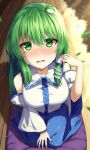  1girl absurdres bare_shoulders blue_skirt blush breasts cushion detached_sleeves frog_hair_ornament green_eyes green_hair hair_between_eyes hair_ornament highres japanese_clothes kochiya_sanae large_breasts long_hair looking_at_viewer nontraditional_miko open_mouth skirt snake_hair_ornament solo touhou white_sleeves wide_sleeves yosshy zabuton 