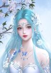  1girl blue_eyes blue_hair blue_sky braid branch closed_mouth douluo_dalu dress earrings flower hair_ornament hair_rings highres jewelry long_hair looking_at_viewer qing_xiari_yan sky solo tang_wutong_(douluo_dalu) upper_body white_dress 