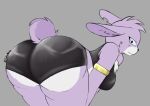  anthro big_butt butt clothing dragon_ball dragon_ball_super fan_character female god_of_destruction hi_res jewelry lagomorph latex latex_clothing leporid looking_at_viewer looking_back mammal pinot rabbit salicepalico simple_background simple_coloring solo 