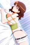  1girl animal_ears ass bangs black_panties breasts brown_eyes brown_hair clothes_pull dutch_angle feet_out_of_frame indoors kaori_(super_real_mahjong) large_breasts looking_at_viewer medium_hair mole mole_under_eye non-web_source official_art on_bed panties photoshop_(medium) short_shorts shorts shorts_pull smile solo strap_slip string_panties super_real_mahjong tanaka_ryou underwear 