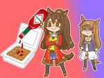  2girls :&gt; animal_ears blue_background bottle brown_hair chibi closed_eyes coat commentary crossed_arms domino_mask el_condor_pasa_(umamusume) food full_body grass_wonder_(umamusume) horse_ears horse_girl horse_tail long_hair luchador mask mr._ebidou multicolored_hair multiple_girls nattou ponytail red_coat shaded_face simple_background tabasco tail two-tone_background two-tone_hair umamusume white_hair 