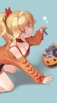 1girl :q arm_support blonde_hair blue_background bra breasts candy cleavage commentary_request food hair_between_eyes hair_ornament halloween highres holding holding_candy holding_food jack-o&#039;-lantern long_sleeves medium_breasts mitake_eil orange_sweater original ponytail purple_eyes red_bra solo sweater tongue tongue_out underwear 