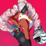  1girl arms_(game) ass ass_focus black_mask black_pants boxing_gloves breasts dark-skinned_female dark_skin green_eyes huge_ass looking_at_viewer mask medium_breasts muscular muscular_female pants tank_top the_art_mage toned twintelle_(arms) white_tank_top wide_hips 
