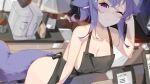  1girl ;&lt; animal_ear_fluff animal_ears apron bare_arms bare_shoulders black_apron blurry blurry_background blush bokujuu breasts cleavage closed_mouth coffee_maker_(object) collarbone depth_of_field fox_ears fox_girl fox_tail highres indoors large_breasts leaning_forward looking_at_viewer naked_apron original purple_eyes purple_hair short_hair sink solo tail 