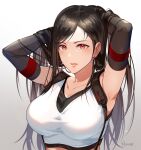  1girl adjusting_hair armpits arms_up bangs black_gloves black_hair black_sports_bra blush breasts collarbone commentary crop_top dangle_earrings ear_piercing earrings elbow_gloves final_fantasy final_fantasy_vii final_fantasy_vii_remake gloves hand_in_own_hair hinoe_(dd_works) jewelry large_breasts lips long_hair looking_at_viewer open_mouth parted_lips piercing pink_lips red_eyes sidelocks signature simple_background sleeveless solo sports_bra suspenders suspenders_gap swept_bangs tank_top tifa_lockhart tongue upper_body white_tank_top 