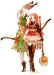  2girls animal_ears armor armored_dress back-to-back boots bow_(weapon) crop_top dark-skinned_female dark_skin final_fantasy final_fantasy_tactics_advance full_body green_eyes hair_ornament hairpin height_difference holding holding_bow_(weapon) holding_staff holding_weapon long_hair looking_at_another multiple_girls peppermint_jet pink_hair rabbit_ears ritz_malheur shara short_hair short_sleeves simple_background sleeveless staff thigh_boots viera weapon white_background white_hair 